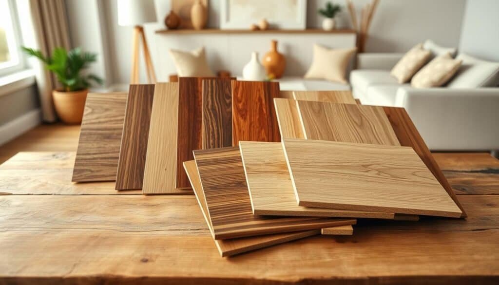 A beautifully arranged display of various wood types suitable for interior design, featuring an assortment of samples including oak, walnut, cherry, and maple. In the foreground, polished wood samples are artistically laid out on a rustic wooden table, showcasing their unique grains and tones. The middle ground includes stylish home décor elements like a modern lamp and decorative vases that complement the wood textures. The background should present a softly blurred living room setting with neutral tones to emphasize the warmth of the wood. The scene is illuminated with natural lighting, creating a cozy and inviting atmosphere. Capture this image with a slight overhead angle to highlight the details of the wood grains and patterns, evoking a sense of sophistication and comfort.