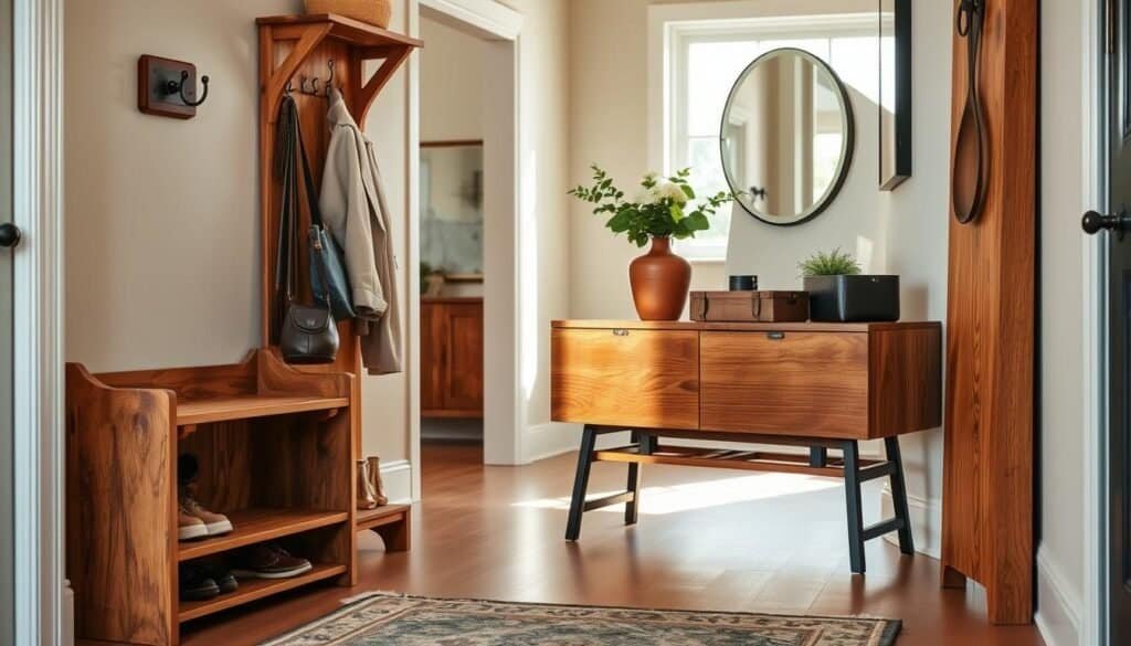A beautifully arranged entryway featuring various wooden organizational elements. In the foreground, a rustic wooden shoe rack with a smooth finish, displaying neatly arranged shoes. Next to it, a handcrafted coat rack made from reclaimed wood, adorned with elegant, vintage-style hooks. In the middle, a wooden console table with a rich grain, holding decorative elements like a small potted plant and stylish storage boxes. The background shows a softly lit corridor with warm, natural light streaming in from a nearby window, casting gentle shadows. The atmosphere should feel inviting and harmonious, aiming for a cozy and organized aesthetic that enhances the overall home environment. Capture this scene using natural lighting and a slight angle to highlight the texture and craftsmanship of the wooden pieces.