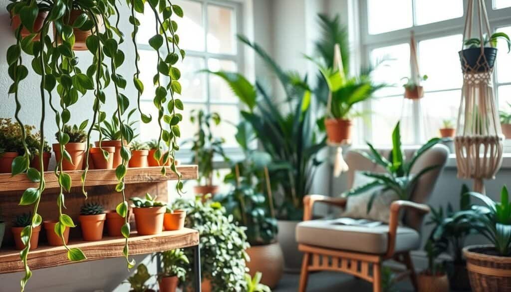 A beautifully arranged indoor garden space showcasing various houseplants in stylish pots. In the foreground, a vibrant snake plant and a cascading pothos drape elegantly over a rustic wooden shelf adorned with small terracotta pots. In the middle ground, a cozy corner featuring a comfortable armchair surrounded by ferns, an indoor palm, and an intricate macramé plant hanger. The background reveals large windows allowing soft, natural sunlight to filter in, creating a warm and inviting atmosphere. The scene is captured at a slight angle, emphasizing depth and perspective. The lighting is bright yet soft, enhancing the lush greens and earthy tones, giving a sense of tranquility and rejuvenation.