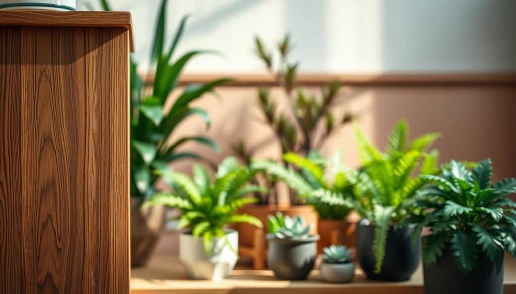 A beautifully arranged interior scene featuring a warm, wooden accent piece, such as a stylish side table or decorative shelf, placed beside lush green plants. In the foreground, the wooden accent showcases rich grain textures and a natural finish, reflecting soft overhead lighting that creates inviting shadows. The middle ground features a variety of indoor plants in diverse pots, including tall ferns and small succulents, adding depth and freshness to the composition. In the background, a softly blurred wall with neutral tones enhances the earthy color palette, creating a serene atmosphere. The overall mood is calm and grounded, emphasizing a connection between natural materials and plant life in a cozy room setting.