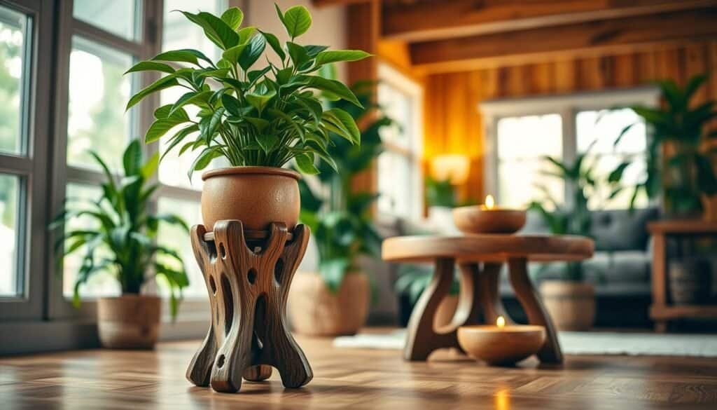 A beautifully arranged interior scene featuring small wooden accents that enhance the natural vibe of a cozy room. In the foreground, display a rustic wooden plant stand with intricate carvings, holding a vibrant green potted plant. In the middle, include a wooden side table with a smooth finish, adorned with a small wooden bowl and a candle, casting a warm, inviting glow. The background should showcase a softly lit room with wooden beams and lush houseplants, creating an organic atmosphere. Use warm, diffused lighting to highlight the textures of the wood, emphasizing the earth tones and the comforting, grounded feeling of the space. The overall mood should evoke tranquility and a connection to nature, perfect for illustrating the allure of wooden accents in home décor.