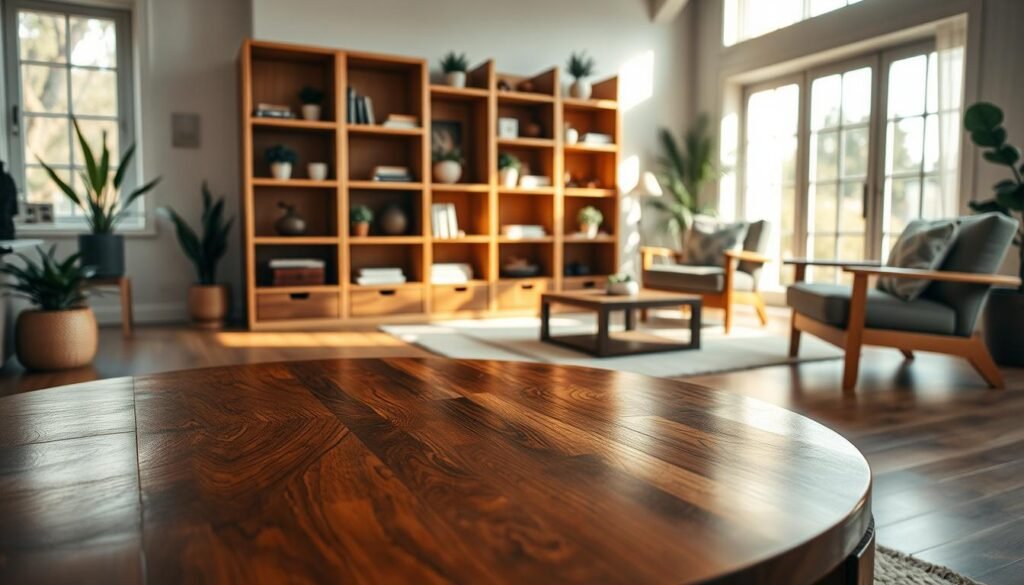A beautifully arranged interior scene showcasing various wood types suitable for living spaces. In the foreground, display an elegant coffee table crafted from rich walnut wood, its surface gleaming under soft, warm lighting. The middle ground features a natural wood bookshelf with shelves made of light oak and dark mahogany, lined with decorative objects like potted plants and books. In the background, suggest a cozy seating area with upholstered chairs made from sustainably sourced wood frames. The light filters through large, airy windows, casting gentle shadows that enhance the textures of the wood. Aim for a warm, inviting atmosphere that highlights the beauty and versatility of natural wood in home décor. Keep the focus on the wood details, with no people or distractions in the image.