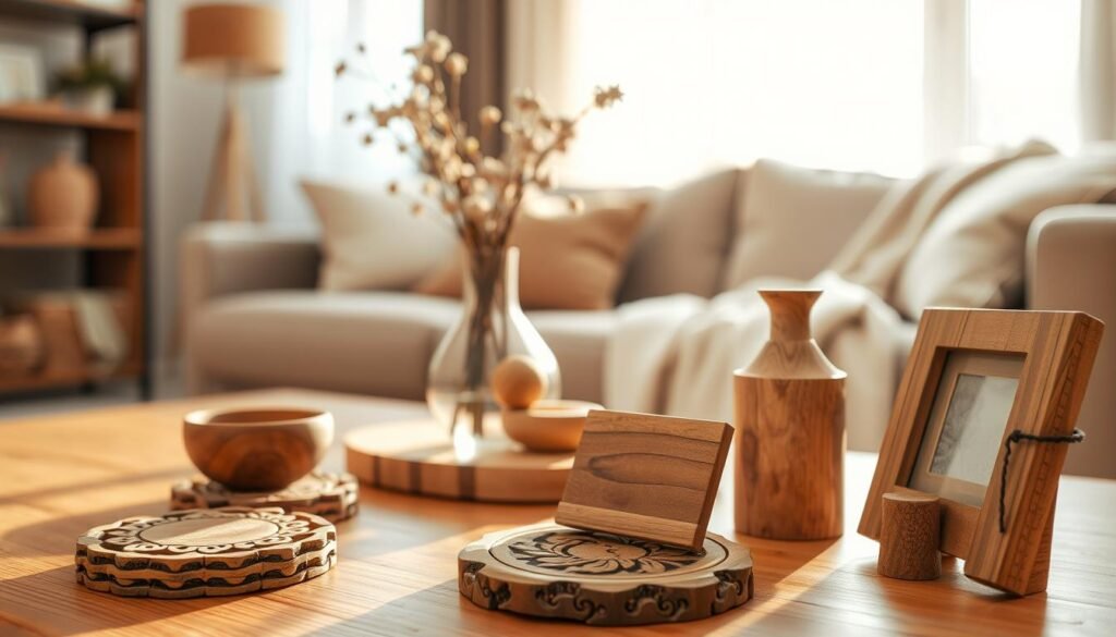A beautifully arranged living room featuring a selection of small wooden accents that add warmth and charm. In the foreground, there are intricately carved wooden coasters, a small decorative wooden bowl, and a rustic wooden picture frame. The middle ground showcases a coffee table with a unique wooden vase filled with dried flowers and a natural wood lamp casting a soft glow. In the background, a cozy sofa draped with a light fabric complements the wooden elements. The scene is bathed in warm, natural light, creating an inviting and serene atmosphere. Capture this from a cozy angle that emphasizes the interplay of textures and materials, focusing on the beauty of wood in home décor.
