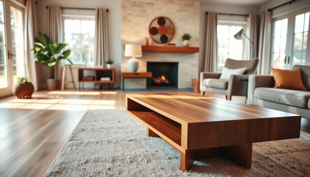 A beautifully arranged living room featuring elegant wooden accent furniture as the central focus. In the foreground, a striking mid-century modern wooden coffee table with clean lines and a warm finish sits atop a textured rug. The middle ground showcases a rich wooden side table adorned with a small potted plant and a minimalist lamp, complemented by a stylishly upholstered armchair. The background includes a softly lit fireplace and large windows allowing natural light to stream in, casting gentle shadows that enhance the cozy atmosphere. The overall mood is inviting and serene, perfect for a refreshing home environment. Use soft, natural lighting to create a warm, welcoming ambiance, focusing on a wide-angle perspective to capture the entirety of this transformed space.