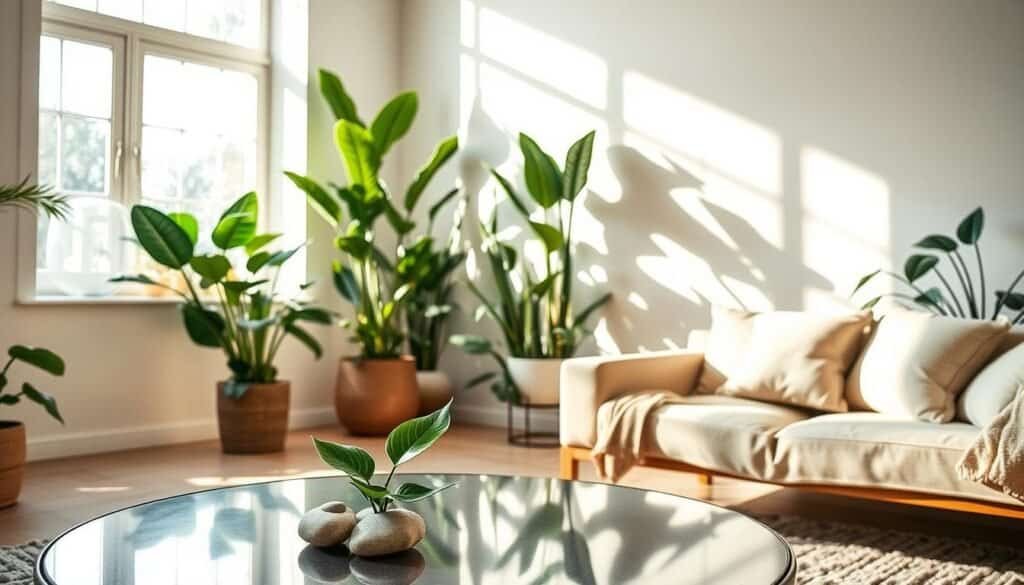 A beautifully arranged living room featuring strategic plant placement to enhance energy flow. In the foreground, a stylish coffee table adorned with a small, vibrant peace lily and a few smooth stones. In the middle, an elegant corner filled with tall, leafy fiddle leaf figs and snake plants, providing height and lushness. Sunlight streams through a large window, casting gentle shadows and creating a warm, inviting atmosphere. In the background, soft pastel walls complement the greenery, while a cozy sofa dressed in neutral tones rests nearby. The scene conveys tranquility and rejuvenation, with a focus on how thoughtfully placed plants can transform a space into a serene sanctuary. Emphasize natural lighting and a wide-angle perspective to capture the essence of harmony in the design.