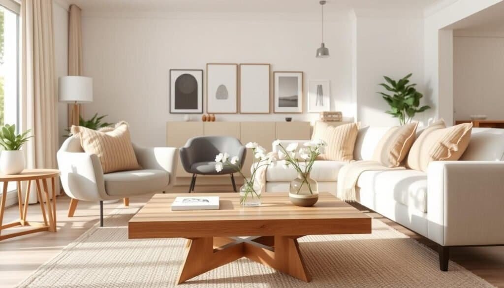 A beautifully arranged living room showcasing neutral home decor ideas, featuring a light beige sofa adorned with soft, textured throw pillows in varying shades of cream and taupe. In the foreground, a stylish wooden coffee table holds a simple vase with white flowers. The middle ground includes a modern accent chair in muted gray, paired with a woven area rug to soften the space. The background features a gallery wall with minimalist art in neutral tones and a large window allowing natural light to flood in, casting soft shadows. The atmosphere is serene and inviting, with a warm and cozy feel, perfect for a modern yet timeless home design. The image is captured with a wide-angle lens to emphasize spaciousness, under soft, diffused lighting to enhance the calming effect of the decor.