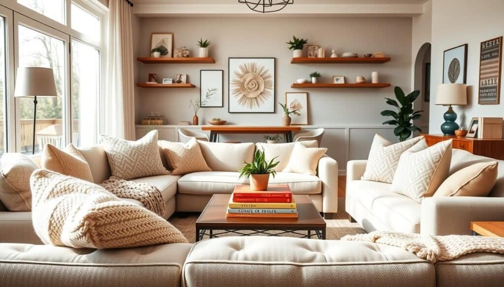 A beautifully arranged living room showcasing simple home decor updates that enhance mood. In the foreground, a cozy, light-colored sofa adorned with soft, textured throw pillows and a warm knitted blanket. The middle ground features a stylish coffee table with a small potted plant and a stack of colorful books, surrounded by warm wooden accents. Natural light floods the space through large windows, creating a cheerful atmosphere. In the background, decorative wall art and floating shelves with curated items add personality and warmth. The scene is captured with a wide-angle lens to emphasize space, featuring soft, inviting lighting for a comforting, uplifting feel.