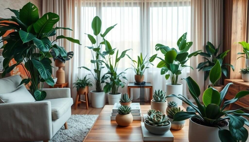 A beautifully arranged living room showcasing various indoor plants as key elements of home decor. In the foreground, a vibrant monstera and a tall snake plant are positioned next to a cozy armchair upholstered in soft natural fabric. The middle ground features a wooden coffee table adorned with succulents nestled in stylish ceramic pots and a few well-placed books. In the background, large windows allow soft, natural light to flood the space, highlighting sheer curtains that gently wave in a light breeze. The atmosphere feels refreshing and organic, with warm wooden accents and soft earth tones, creating a serene and inviting environment. The image is captured with a wide-angle lens, focusing on the inviting arrangement of plants, emphasizing their lush greenery and vibrant details.