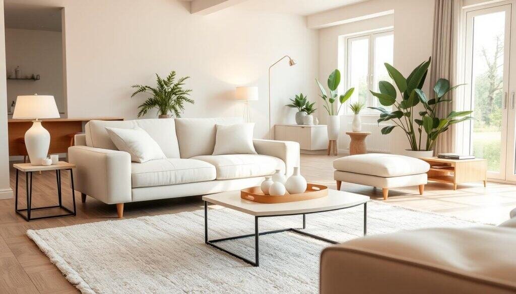 A beautifully arranged modern living room featuring a neutral color palette. In the foreground, a soft beige sofa with textured cushions complements a light gray area rug. On the coffee table in the middle, a few minimalist decorative items in soft whites and pastels are tastefully arranged alongside a wooden tray. The middle ground showcases sleek, contemporary furniture, like a light wood side table and a minimalist lamp with warm lighting. In the background, large windows allow natural light to fill the space, highlighting the subtle tones of cream walls and a hint of greenery from potted plants. The atmosphere is calm and inviting, embodying a modern yet cozy vibe. Shot in a bright, airy style, emphasizing natural hues and textures.