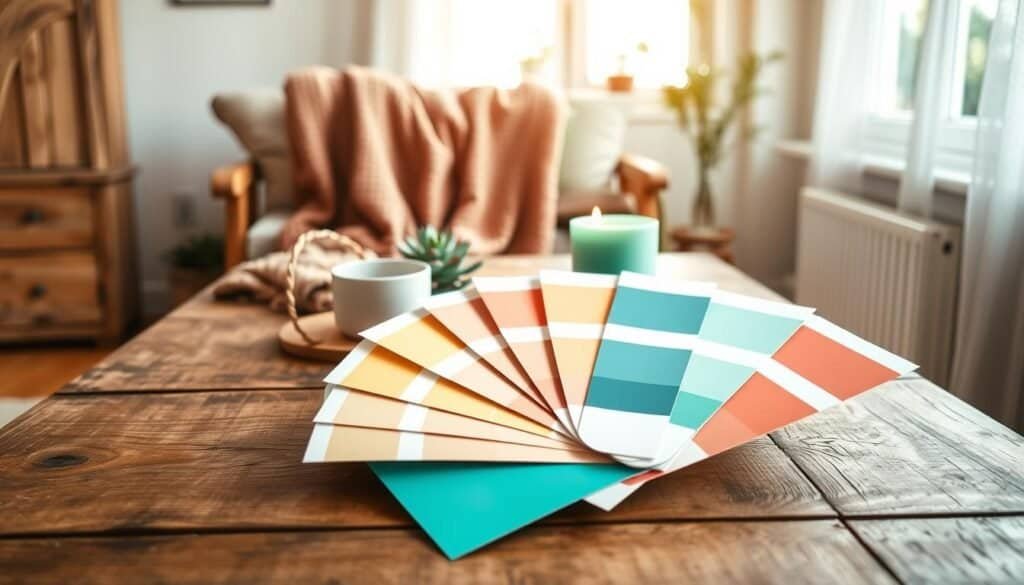 A beautifully arranged mood-boosting decor color palette displayed on a rustic wooden table. In the foreground, paint swatches in vibrant colors like sunny yellow, calming teal, soft coral, and refreshing mint are fanned out artistically. In the middle ground, a few decorative items such as a potted succulent, a textured throw blanket, and a candle in a cheerful hue complement the palette. The background features a softly lit room with gentle daylight streaming in through a window, casting a warm and inviting glow. Natural wood accents and a light, airy atmosphere enhance the feelings of positivity and tranquility. The composition should evoke a sense of inspiration and warmth, perfect for a mood-enhancing home environment.