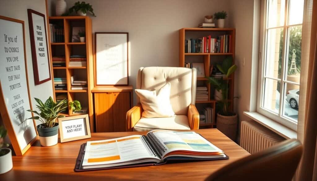 A beautifully arranged motivation corner in a cozy home setting, showcasing essential elements for inspiration. In the foreground, a well-organized desk features a small potted plant, motivational quotes framed in simple wood frames, and a stylish planner open to a colorful page. The middle layer focuses on a comfortable chair with soft cushions, positioned near a large window, allowing natural light to flood in. In the background, a warm bookshelf filled with self-help books and decorative items adds a homely touch. The scene is suffused with gentle, golden sunlight, enhancing a positive and motivating atmosphere. The angle captures the corner from slightly above, inviting viewers to envision themselves in this serene space, perfect for reflection and productivity.
