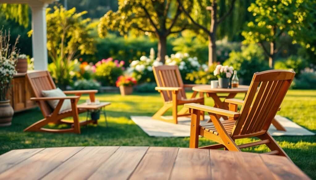 A beautifully arranged outdoor setting featuring elegant wooden furniture, including a rustic dining table and comfortable chairs, invitingly placed on a lush green lawn. In the foreground, showcase the rich grain and warm tones of the wood, highlighting the craftsmanship and details like smooth finishes and natural textures. The middle ground features delicate potted plants and a cozy outdoor rug, enhancing the inviting atmosphere. In the background, a softly blurred garden with blooming flowers and leafy trees creates a tranquil ambiance. Illuminate the scene with warm, golden sunlight, suggesting a late afternoon glow. Capture the image from a slightly elevated angle, emphasizing the inviting layout while maintaining a serene and welcoming mood. No humans or text present; focus solely on the beauty of outdoor wooden furniture in a stunning natural setting.