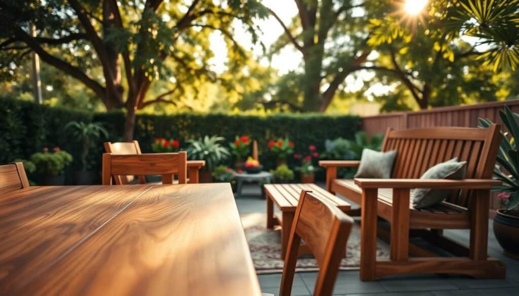 A beautifully arranged outdoor setting featuring elegant wooden garden furniture, including a dining table with matching chairs and a cozy bench, all crafted from rich hardwood. The foreground showcases the intricacies of the wood grain, highlighting its natural beauty. In the middle ground, a soft, inviting rug complements the furniture, surrounded by lush greenery and vibrant potted flowers. The background features tall trees providing dappled sunlight filtering through their leaves, creating a serene, tranquil atmosphere. The scene is bathed in warm, golden hour light, enhancing the textures of the wood and evoking a welcoming ambiance. The focus is sharp on the furniture, with a slight blur in the background to draw attention to the functionality and charm of outdoor living.