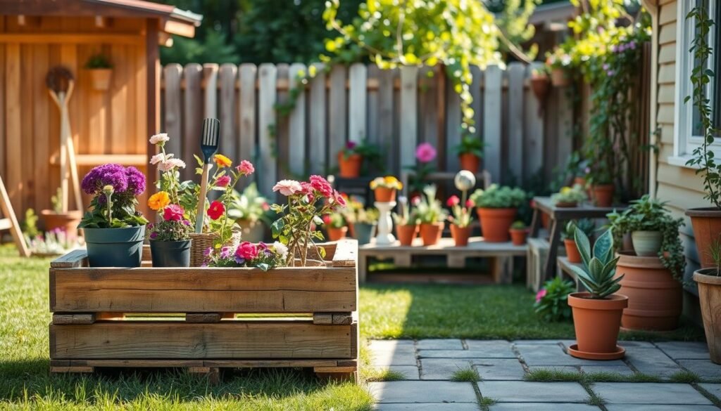 A beautifully arranged pallet garden storage in a sunny backyard, showcasing a wooden deck box as a focal point. In the foreground, the deck box is made of rustic pallets, filled with vibrant flowers and gardening tools. The middle ground features varied plant pots and garden ornaments, creating a warm and inviting atmosphere. The background reveals a cozy yard with green grass, a wooden fence, and climbing vines, bathed in soft, natural light. Capture the image from a slightly elevated angle to emphasize the textures of the wood and the colorful plants. Aim for a serene, inviting mood that highlights the charm of wooden garden elements, emphasizing sustainability and creativity in home décor.