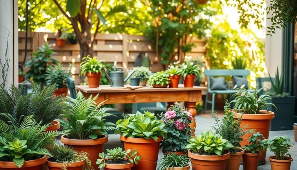 A beautifully arranged patio showcasing a variety of potted plants that embody seasonal freshness. In the foreground, vibrant terracotta pots filled with lush greenery, including ferns, succulents, and flowering plants, create an inviting atmosphere. The middle layer features a rustic wooden table adorned with gardening tools and a watering can, emphasizing a DIY vibe. The background includes a soft-focus view of a cozy garden space, with sunlight streaming through leafy trees, creating dappled shadows on the ground. The scene is illuminated by warm, natural light, capturing the essence of a tranquil outdoor retreat. The overall mood is refreshing and rejuvenating, celebrating the beauty of maintaining plant vitality throughout the year.