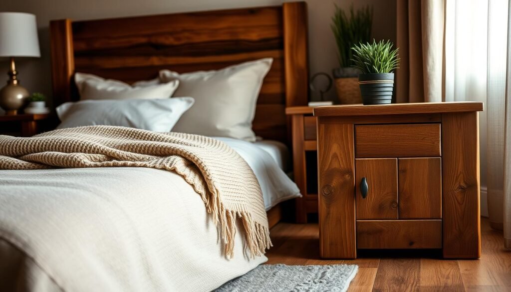 A beautifully arranged rustic wood design in a cozy bedroom setting. In the foreground, a handcrafted wooden bedside table made from reclaimed barn wood, featuring a warm, natural finish and unique textures. On top, a small potted plant adds a touch of greenery. In the middle, a plush bed adorned with soft, neutral linens and a thick, woven blanket, evoking a sense of comfort and tranquility. The background features a softly lit window with sheer curtains that gently filter in natural light, creating a warm and inviting atmosphere. The lighting is warm and diffuse, highlighting the natural grains and knots of the wood. The overall mood is serene and calming, perfect for a restful retreat.