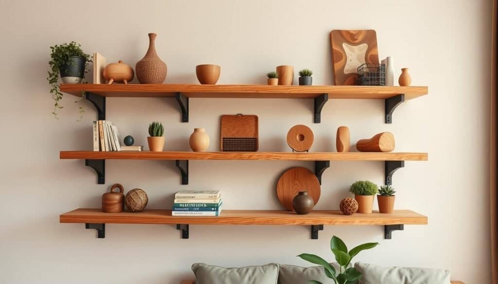 A beautifully arranged scene featuring DIY wooden shelves against a light-colored wall in a cozy, well-lit living room. In the foreground, the shelves display various crafted wooden items, such as small plants, books, and decorative objects, emphasizing a warm, inviting atmosphere. The middle of the image showcases the shelves constructed from natural, polished wood with visible grain patterns, showcasing craftsmanship and detail. The background reveals a soft-focus view of a comfortable couch and a subtle green plant, creating a balanced and harmonious home environment. The lighting is soft and warm, enhancing the wood tones and creating a serene, welcoming mood. The angle is slightly elevated, highlighting the shelves in their entirety while inviting viewers into the space.