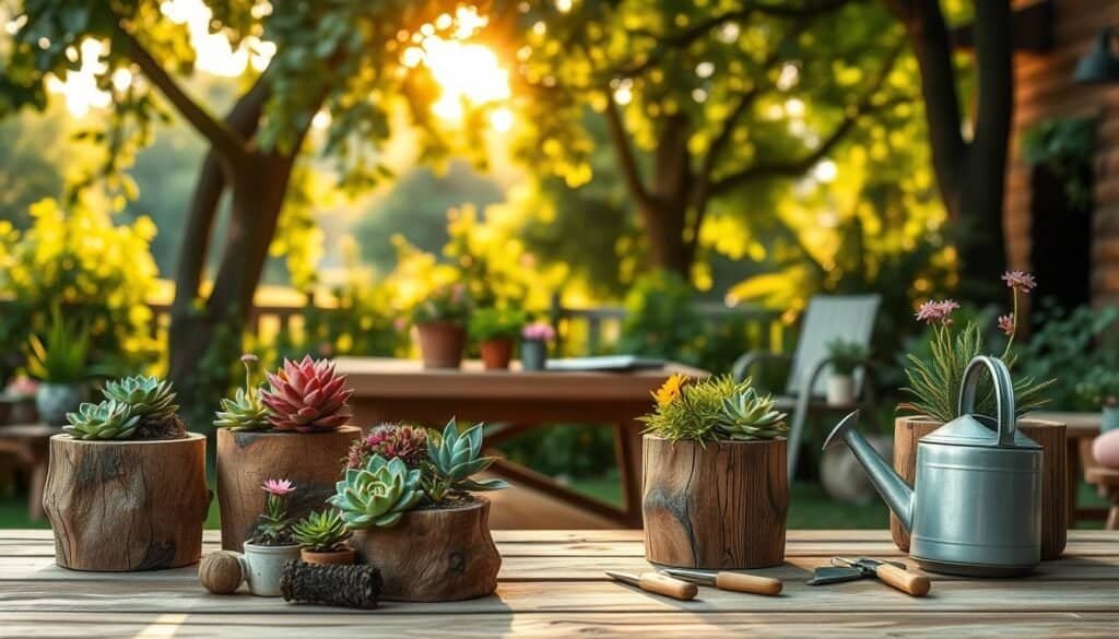 A beautifully arranged scene featuring creative plant pot decor in a wooden yard setting. In the foreground, showcase intricately designed plant pots made from reclaimed wood, adorned with colorful succulents and vibrant flowers, creating a warm, inviting vibe. In the middle ground, include a rustic wooden table with gardening tools and a watering can, highlighting the maintenance aspect of wooden yard projects. In the background, lush greenery and soft golden sunlight filtering through tree leaves create a serene atmosphere, enhancing the feeling of tranquility. Use natural lighting and a soft focus lens effect to evoke a cozy mood, perfect for enjoying a warm day outdoors.