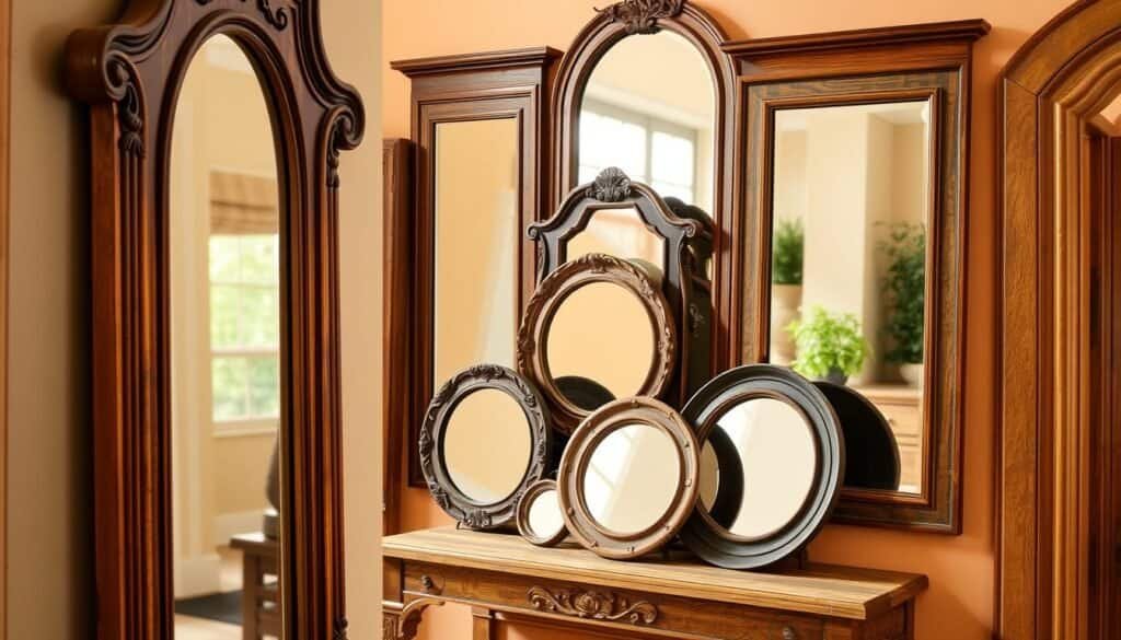 A beautifully arranged scene featuring several wood-framed mirrors in varying sizes and styles, showcasing intricate woodworking details and warm wood tones. In the foreground, focus on a large, ornate mirror with a rich mahogany finish, reflecting natural light. In the middle, display a collection of smaller, round and rectangular mirrors with rustic frames, arranged artistically on a soft, cozy entryway table. The background should feature a softly lit entryway with warm wall tones and a hint of greenery, creating an inviting atmosphere. Use soft, diffused lighting to enhance the warmth and depth of the wood finishes, captured from a slightly angled perspective to provide dimension. Aim for an overall mood of comfort and welcoming, making the entryway feel vibrant and alive.