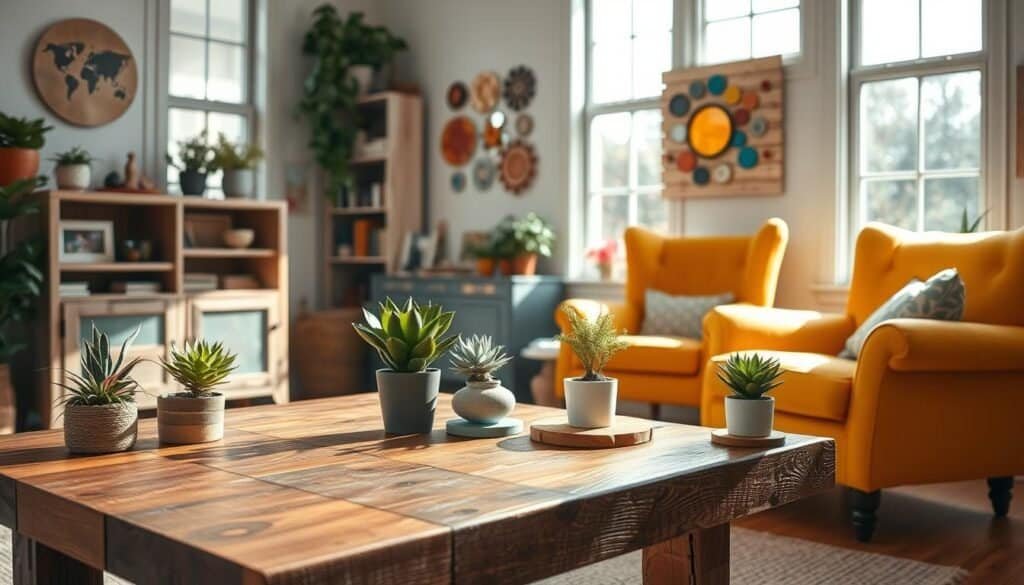 A beautifully arranged scene featuring upcycled furniture projects in a cozy living room setting. In the foreground, a vibrant coffee table made from reclaimed wood, adorned with potted plants and handmade coasters. A vintage armchair, reupholstered in a bright, modern fabric, complements a rustic bookshelf filled with DIY decor items. In the middle ground, sunlight filters through large windows, casting warm, inviting shadows across the room. The background features a wall with eclectic artwork made from repurposed materials, enhancing the creative atmosphere. The overall mood is cheerful and inspiring, emphasizing sustainability and creativity in home decoration. Use natural lighting to highlight textures and colors, with a soft focus for a warm, welcoming feel. No text or logos.