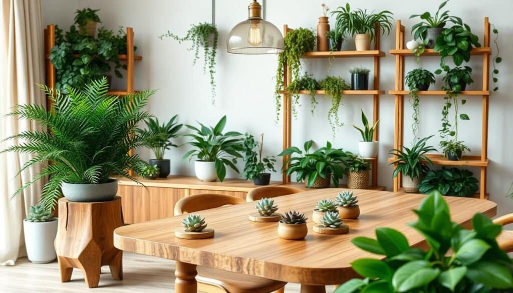 A beautifully arranged scene showcasing diverse plant-and-wood pairings, emphasizing different design styles. In the foreground, a lush green potted fern and a rustic wooden plant stand create a warm, inviting look. The middle ground features a natural wood dining table adorned with small succulents and chic wooden coasters, blending elegance with comfort. In the background, soft pendant lighting casts a cozy glow over wooden shelves filled with varying plant types, including trailing vines and blooming flowers. The atmosphere is serene and refreshing, evoking a sense of harmony and life in the space. Use natural lighting for a soft, organic feel, capturing the textures of wood and foliage clearly, all in a well-composed interior environment.