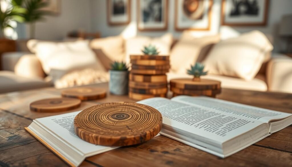 A beautifully arranged set of wooden coasters on a rustic wooden table. The coasters vary in shape—some round, some square—showcasing intricate grain patterns and warm, earthy tones. In the foreground, a single coaster rests on an open book, highlighting its natural texture. The middle layer features a few handcrafted coasters stacked artistically, with a small potted succulent nearby, adding a touch of greenery. The background is softly blurred, featuring a cozy, sunlit room with hints of soft furniture and framed artwork, creating an inviting atmosphere. The lighting is warm and diffused, casting gentle shadows that enhance the wood’s natural beauty. A shallow depth of field focuses on the coasters, emphasizing their artisanal quality and stylish practicality.