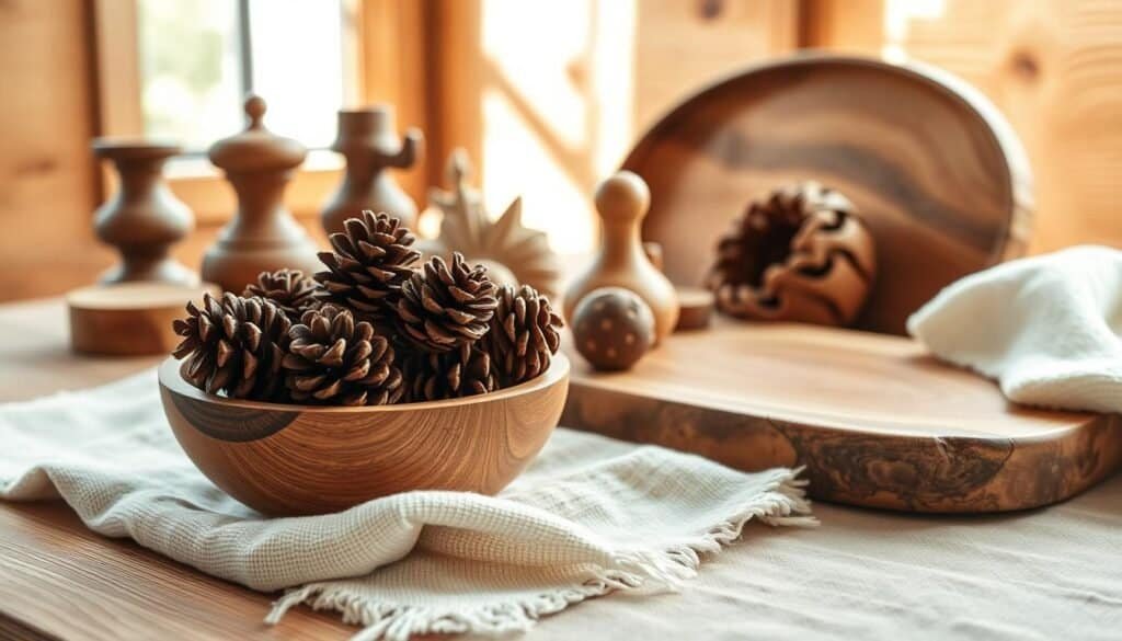 A beautifully arranged still life composition featuring an assortment of wooden elements. In the foreground, a finely crafted wooden bowl filled with pine cones sits atop a soft, textured linen cloth. In the middle ground, various wooden items, such as a hand-carved figurine and a rustic wooden tray, are artfully placed. The background showcases a softly lit, wood-paneled wall, creating a warm and inviting atmosphere. Natural light filters in through a nearby window, casting gentle shadows and highlighting the rich grain of the wood. The overall mood exudes calmness and warmth, perfect for evoking a sense of comfort and softness in home décor. No text, labels, or logos are included in the image.