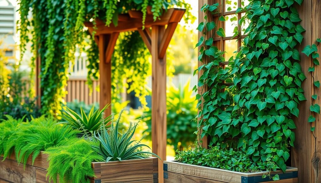 A beautifully arranged vertical garden featuring an array of lush green plants cascading down from rustic wooden accents. The foreground includes vibrant leafy plants like ferns and succulents nestled in wooden planters with textured surfaces. In the middle ground, sturdy wooden trellises support various climbing vines, framing the greenery elegantly. The background reveals a warm, softly blurred garden setting bathed in gentle afternoon sunlight, illuminating the natural textures of the wood and foliage. The atmosphere is tranquil and inviting, evoking a sense of calm and rejuvenation. The image captures a well-composed shot from a slightly elevated angle, focusing on the harmonious blend of nature and craftsmanship in home décor, as a testament to the transformative power of wooden accents in garden design.