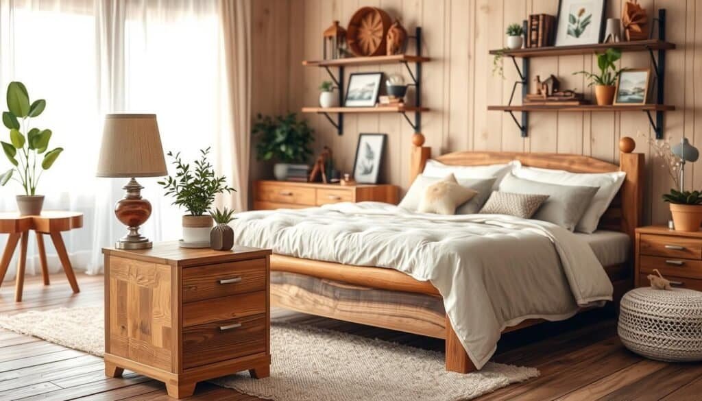 A beautifully arranged wooden bedroom scene featuring a variety of wooden accents that enhance the restful atmosphere. In the foreground, a handcrafted wooden nightstand with a warm finish holds a vintage-style lamp and a small potted plant. The middle ground showcases a cozy, inviting bed adorned with soft, neutral linens atop a rustic wooden bed frame. On the walls, wooden shelves display curated decor items, such as framed photos and art pieces. The background reveals a softly lit window with sheer curtains, allowing natural light to filter in, creating a serene ambiance. The overall color palette consists of warm browns, soft whites, and earthy greens. The mood is tranquil and harmonious, evoking a sense of calm and relaxation, ideal for a restful space.