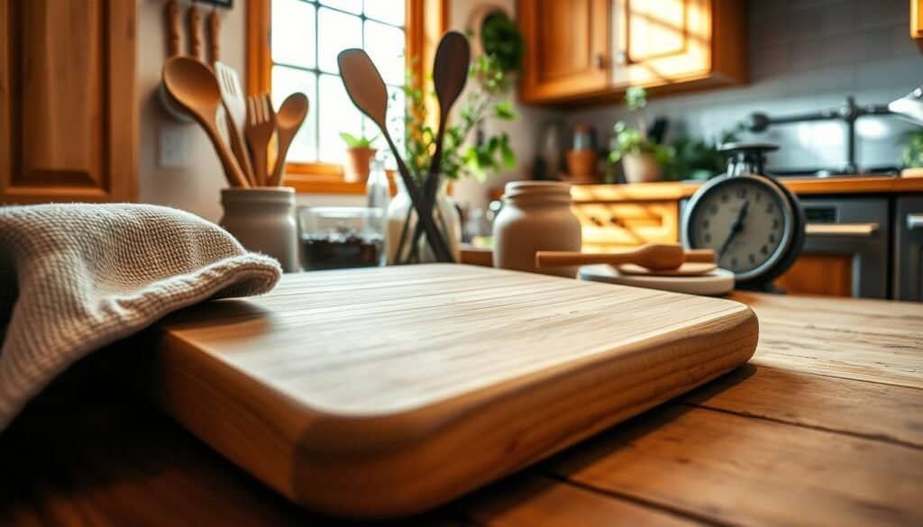 A beautifully arranged wooden kitchen scene featuring various elements that create a warm and inviting atmosphere. In the foreground, a hand-crafted, light oak cutting board is placed next to a textured linen kitchen towel, with subtle grain details visible. The middle ground showcases wooden utensils, including a spoon and a spatula, elegantly displayed in a rustic ceramic jar. Behind this, a cozy kitchen countertop with warm wood cabinetry, adorned with potted herbs and a vintage scale. Natural light streams in through a window, casting soft shadows and highlighting the wood’s rich tones. The overall mood is warm and welcoming, emphasizing the comfort and charm of wooden kitchen elements. The angle captures the scene from a slightly elevated perspective, highlighting the layers and depth of the kitchen space.
