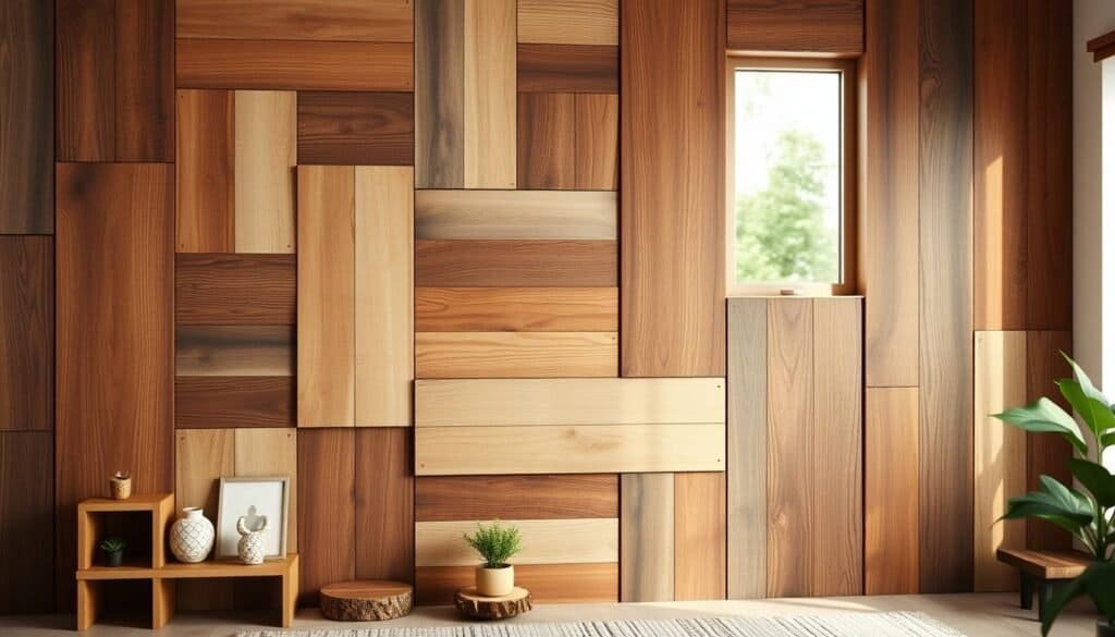 A beautifully arranged wooden wall decor design featuring an array of rustic wooden panels in various shades of brown, each showcasing unique textures and grains. In the foreground, a few decorative wooden accents like minimalist shelves, small potted plants, and handcrafted art pieces enhance the natural aesthetic. The middle ground presents a cozy space with a softly integrated wooden wallpaper, creating a warm and inviting atmosphere. The background is softly lit, with natural sunlight filtering through a nearby window, casting gentle shadows and highlights that emphasize the wood's rich textures. The overall mood is serene and homely, ideal for showcasing quick wood accent solutions for empty walls, evoking a feeling of warmth and comfort. Captured with a shallow depth of field to focus on the decor elements, ensuring a clean and uncluttered look.