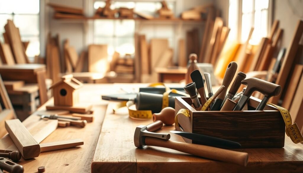 A beautifully arranged woodworking workspace featuring essential tools for beginners. In the foreground, a sturdy wooden workbench holds a neatly organized set of hand tools, including a saw, hammer, and chisel, all glistening in the warm light. Scattered wooden boards in various stages of projects hint at craftsmanship in progress. In the middle ground, a well-used toolbox and a measuring tape rest beside a small, partially completed wooden birdhouse, showcasing a simple woodworking project. The background reveals shelves lined with wood planks and a window streaming gentle sunlight that casts soft shadows, creating a peaceful and inviting atmosphere. The image should evoke a sense of tranquility and creativity, capturing the joy of small-scale woodworking.