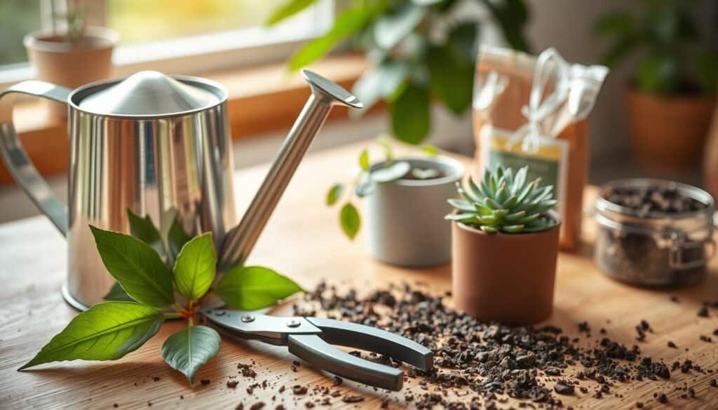 A beautifully arranged workspace featuring essential tools for plant care, including a watering can, pruning shears, plant food, and a small pot with a thriving indoor plant. In the foreground, the shiny metal watering can reflects the light, while the pruning shears rest elegantly beside a vibrant green leaf. The middle layer reveals a wooden table with scattered soil and a small succulent arrangement, showcasing varying shades of green and texture. In the background, a softly lit window offers natural light, highlighting the freshness of the scene. The atmosphere feels warm and inviting, with a focus on the harmony between nature and home. The image captures a sense of tranquility and care, perfect for demonstrating the importance of nurturing plants in indoor and outdoor spaces.