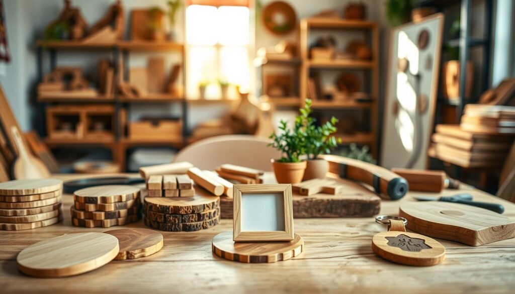 A beautifully arranged workspace showcasing a variety of wooden DIY gifts. In the foreground, there are simple yet elegant wooden coasters, a small handcrafted picture frame, and a decorative wooden keychain. The middle ground features a rustic wooden table adorned with unfinished wooden pieces, tools like a saw and sandpaper, and a small potted plant for a touch of nature. The background includes softly blurred shelves filled with completed wooden projects and a warm, inviting light streaming in through a nearby window, casting gentle shadows. The overall atmosphere is cozy and motivating, perfect for inspiring creativity in crafting wooden gifts.