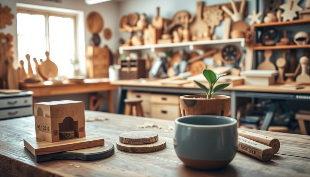 A beautifully arranged workspace showcasing various DIY wood projects to personalize a cozy home. In the foreground, a rustic wooden table with an assortment of handcrafted wooden pieces, including a small bookshelf, decorative coasters, and a flower pot. The middle ground features a softly lit, well-organized workshop environment, with tools like saws and chisels on the table and wooden shavings scattered around. The background reveals shelves filled with finished wood projects, emphasizing warmth and creativity. Natural light filters through a nearby window, casting gentle shadows, enhancing the welcoming atmosphere. The overall mood is warm and inviting, perfect for inspiring personal expression through woodworking.