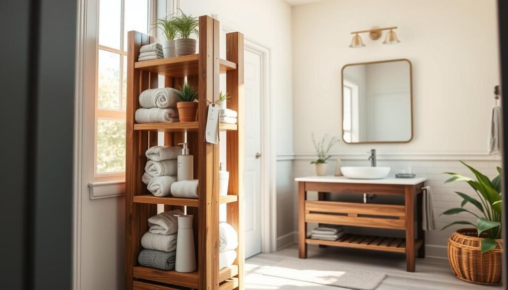 A beautifully crafted DIY bathroom storage tower made from repurposed scrap wood, showcasing a combination of rustic and modern design elements. The tower is standing prominently in a well-lit bathroom setting, with natural light filtering in from a nearby window, casting soft shadows and highlighting the wood grain texture. The foreground features the storage tower filled with neatly organized bathroom essentials, such as towels, toiletries, and decorative plants, creating a warm and inviting atmosphere. In the middle ground, a stylish sink and mirror reflect the overall aesthetic. The background displays soft pastel walls and subtle greenery, complementing the serene mood of the space. The angle is slightly tilted downwards to emphasize the height of the tower and capture the full arrangement.