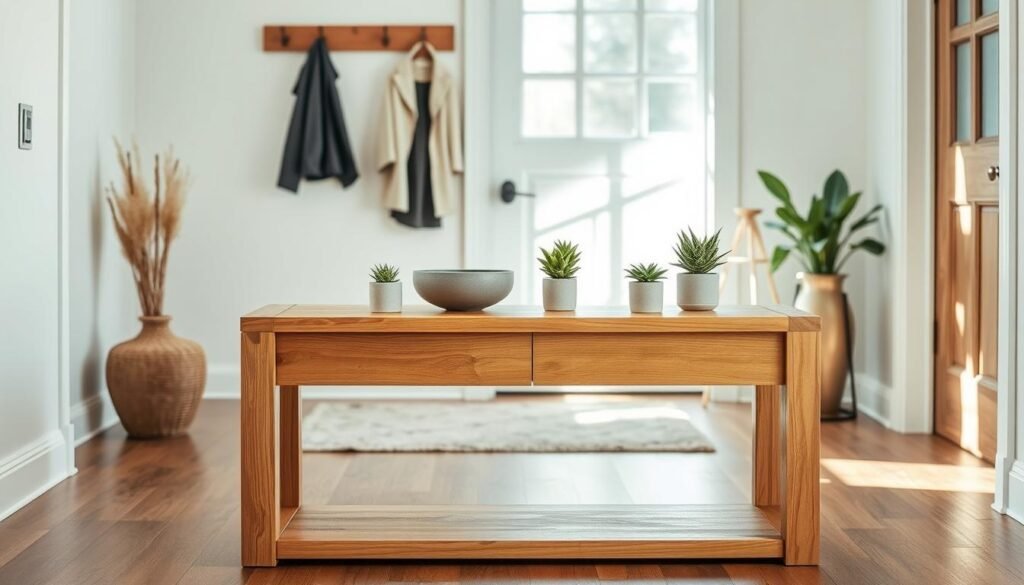A beautifully crafted DIY modern entryway table made from warm, textured wood, featuring clean lines and a minimalist design. The table should be positioned in a softly lit entryway with a welcoming atmosphere. The foreground includes the table decorated with a tasteful arrangement of small potted plants and a decorative bowl. The middle ground showcases a cozy entrance area, with a stylish rug and a wall hook displaying a chic coat. In the background, natural light filters through a window, accentuating the wood grain and creating gentle shadows. The overall mood is inviting and serene, perfect for a home that embraces a gentle wood accent. The photo should be shot from a slightly elevated angle to capture the table's details and the surrounding décor harmoniously.