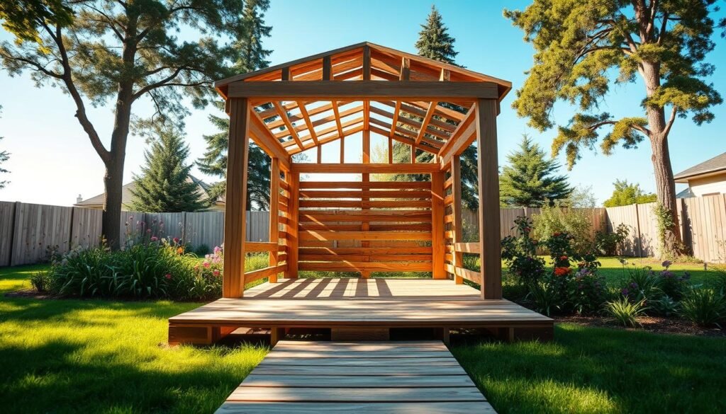 A beautifully crafted DIY pallet gazebo, standing in a bright, sunlit backyard, surrounded by lush green grass and colorful flowers. In the foreground, a wooden deck leads up to the gazebo, showcasing intricate pallet designs and rustic charm. The middle ground features the gazebo itself, with an open design allowing sunlight to filter through the pallet slats, creating dappled shadows on the floor. In the background, tall trees and a clear blue sky enhance the serene atmosphere. The scene captures a warm, inviting mood, ideal for relaxation. Soft afternoon light casts gentle shadows, and the image is taken from a slightly elevated angle to emphasize the gazebo’s structure. The overall feel is peaceful and inspiring, showcasing the beauty of small, functional wooden projects.