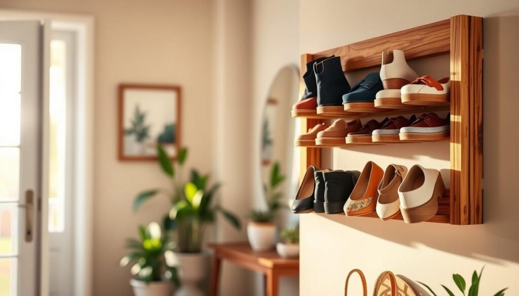 A beautifully crafted DIY wall mount shoe rack made from natural wood, showcasing its elegant design with clean lines and a rustic finish. In the foreground, the shoe rack is mounted on a cozy entryway wall, with a variety of stylish shoes neatly arranged in two rows. In the middle ground, a warm, inviting light filters through a nearby window, highlighting the wood grain and the shoes' vibrant colors. The background features a soft-focus, tranquil home environment with potted plants and a mirror, enhancing the atmosphere of calm and creativity. The lighting is soft and natural, suggesting afternoon sunlight, with a slightly blurred focus to create depth and a serene feel, perfect for inspiring DIY enthusiasts.