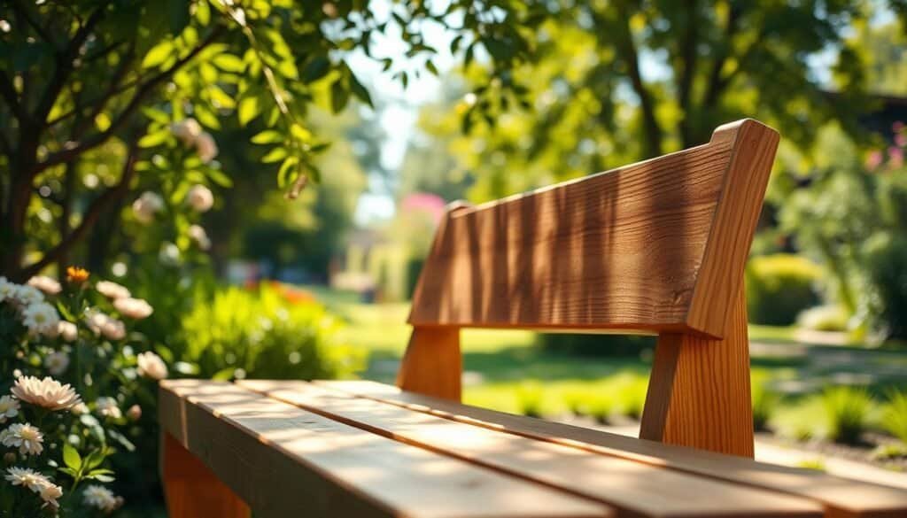 A beautifully crafted DIY wooden garden bench, featuring a rustic design with warm, natural wood tones. The bench is situated in a serene outdoor setting, surrounded by lush greenery and blooming flowers that evoke a peaceful atmosphere. In the foreground, the focus is on the finely detailed wood grain and craftsmanship of the bench. In the middle ground, soft sunlight filters through the leaves, casting gentle shadows. In the background, a blurred garden path leads away, enhancing the sense of tranquility. This scene captures the essence of peaceful moments in nature, with a warm, bright ambiance and a shallow depth of field that draws the eye to the bench as the centerpiece.