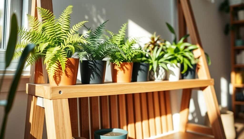 A beautifully crafted DIY wooden plant stand, featuring elegant, minimalist design elements. In the foreground, focus on the stand displaying a variety of vibrant houseplants with lush green leaves, such as ferns and succulents. The middle ground highlights the slatted shelves of the stand, showcasing rich, warm wood tones with natural grain patterns. In the background, soft lighting filters through a nearby window, creating a cozy, inviting atmosphere with gentle shadows. The image is taken at a slight angle to capture the height and depth of the plant stand, emphasizing its stability and craftsmanship. The overall mood is warm and welcoming, ideal for indoor spaces.