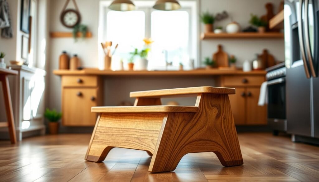 A beautifully crafted DIY wooden step stool positioned in a cozy home setting. In the foreground, the step stool is made of rich, polished oak with smooth edges, showcasing its sturdy construction and attention to detail. The middle ground features a warm, inviting kitchen with soft natural lighting filtering through a window, highlighting the wood grain of the stool. In the background, there are touches of home décor, such as potted plants and kitchen utensils, creating a lived-in feel. The scene is captured from a slightly elevated angle, providing a clear view of the step stool while keeping the ambiance relaxed and creative, evoking a sense of accomplishment and enjoyment in home projects.
