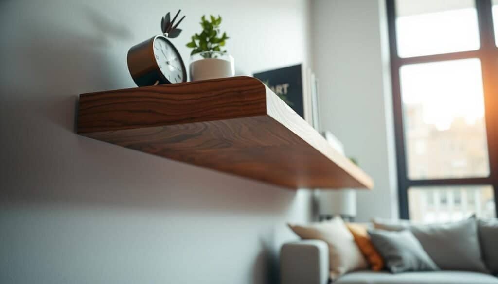 A beautifully crafted floating wooden shelf made from rich, warm timber, showcasing intricate grain details. The shelf is adorned with a few carefully selected decor items, such as a small potted plant, a vintage clock, and an art book, adding a personal touch. In the foreground, focus on the shelf with a slight diagonal angle, emphasizing its depth and texture. The background features a softly blurred modern living room, illuminated by natural light streaming in from a nearby window, creating a cozy and inviting atmosphere. The overall mood conveys warmth and functionality, ideal for enhancing home decor. The scene is devoid of any text, ensuring a clean and polished presentation.