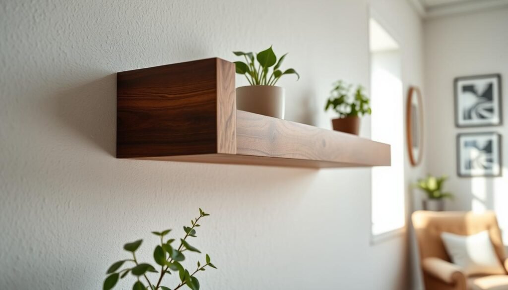 A beautifully crafted floating wooden shelf, showcasing a modern design with smooth edges and a rich, dark wood finish. The shelf is mounted against a light, textured wall, emphasizing its clean lines and stylish elegance. In the foreground, delicate houseplants rest on the shelf, their vibrant green leaves contrasting against the wood. In the middle ground, soft natural light streams in from a nearby window, casting gentle shadows and highlighting the shelf's grain texture. The background is slightly blurred, featuring subtle home décor elements like framed artwork and a cozy armchair, creating a warm and inviting atmosphere. The overall mood is one of pride in DIY craftsmanship, encouragement, and homely comfort, captured from a slight angle to emphasize depth and dimension in the scene.