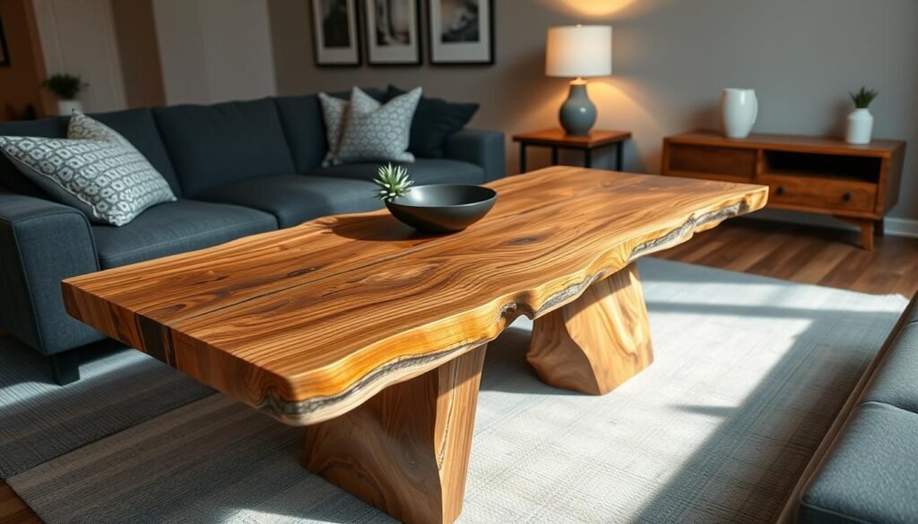 A beautifully crafted live edge entry table, showcasing the natural grain and unique contours of the wood, prominently placed in a cozy, contemporary living room. The table is adorned with a small succulent plant and a stylish bowl, adding a touch of freshness. Soft, diffused lighting highlights the rich textures of the wood, creating a warm and inviting atmosphere. In the background, a neutral-toned wall complements the table, with modest decor elements like framed art and a modern lamp that enhance the setting. The shot is taken from a slightly elevated angle to emphasize the table's features and its role as a statement piece in the room. The overall mood is serene and welcoming, perfect for a modern home.