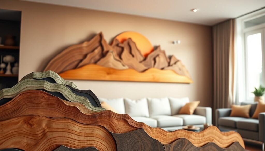 A beautifully crafted mountain wood wall art piece, showcasing an intricately layered design of pine and cedar wood. In the foreground, there are various shades of brown and green wood arranged to form a stunning mountain range, with the sun setting in warm hues of orange and pink, creating a calming ambiance. The middle features a smooth wooden panel, enhancing the dominant mountain art, reflecting craftsmanship with linear patterns. In the background, a softly blurred living room setting displays neutral-toned walls and cozy furniture, enhancing the home décor feel. The lighting is warm and natural, highlighting the textures of the wood. Shot at a slight angle to evoke depth, the atmosphere is inviting, perfect for any home. No text or watermarks included.