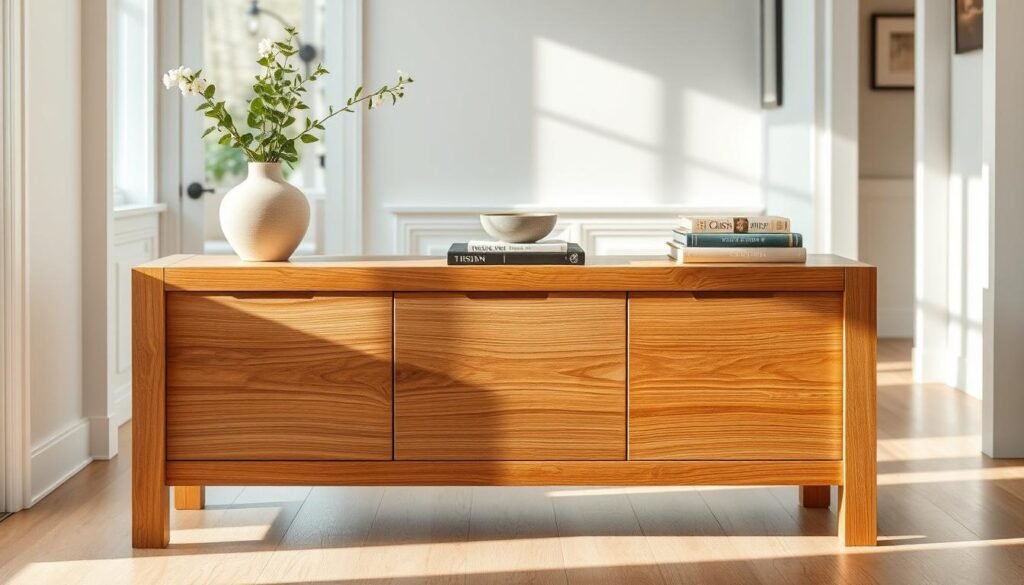 A beautifully crafted natural wood console table, showcasing rich grains and a warm, inviting finish. The table is positioned prominently in a sunlit entryway, with a soft, natural light filtering through a nearby window, casting gentle shadows. In the foreground, the console table features a minimalist vase with fresh greenery, adding a touch of life. In the middle ground, a decorative bowl rests beside a stack of cozy books, creating an inviting atmosphere. The background reveals a subtle glimpse of the entryway's walls, painted in calming, neutral tones, enhancing the overall warmth of the space. The scene conveys a serene and welcoming mood, perfect for making any entryway feel more inviting. Realistic home décor and woodworking photos without overlays, logos, or promotional text.
