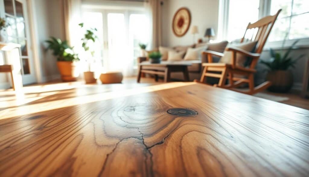 A beautifully crafted piece of handcrafted wooden furniture, such as a coffee table or a rocking chair, placed prominently in a warmly lit living room. The foreground features intricate wood grain patterns, highlighting the craftsmanship and unique character of the wood. In the middle, the furniture is complemented by cozy home decor, like plush cushions and artfully arranged plants, enhancing the inviting atmosphere. The background reveals soft, diffused natural light filtering in through a large window, casting gentle shadows that evoke comfort and serenity. The room’s color palette consists of earthy tones, creating a harmonious and welcoming environment that reflects personal style and warmth. The composition focuses on the artistry of the furniture, showcasing its functionality as art.