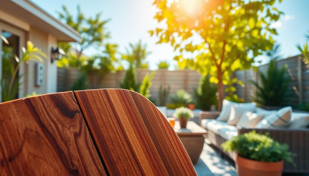 A beautifully crafted piece of weather-resistant wood, featuring rich textures and vibrant hues, is positioned in the foreground, showcasing its natural grain and finish. The middle ground includes a stylish outdoor space, elegantly adorned with potted plants, a comfortable seating area, and soft cushions that invite relaxation. In the background, a serene garden with lush greenery and a clear blue sky enhances the scene. The warm sunlight filters through the leaves, casting dappled shadows that create a cozy atmosphere. The image captures the essence of outdoor living with a focus on natural materials, inviting viewers to envision refreshing their own spaces with comparable accents. Use a natural lens effect to emphasize the textures and colors, evoking an inviting, tranquil mood.