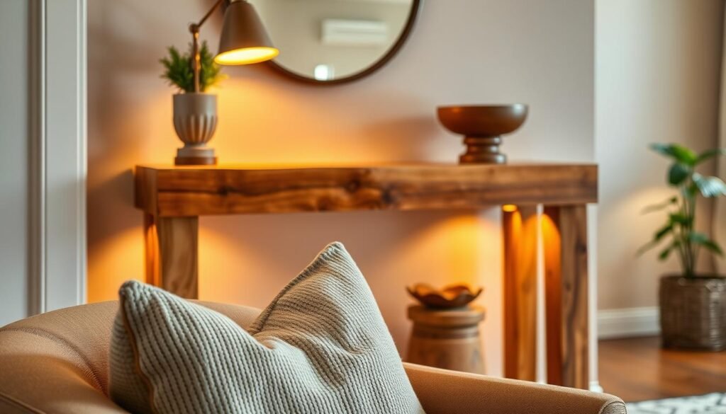 A beautifully crafted rustic console table made from reclaimed wood, showcasing rich, warm tones and unique knots in the grain. The table is adorned with a small potted plant, a vintage lamp, and a decorative bowl. In the foreground, a pair of cozy, textured pillows are placed on an inviting armchair. The middle features the console table against a softly lit wall with warm ambient lighting that highlights its natural texture. In the background, a softly blurred living room with neutral walls and a hint of greenery from a nearby window creates a welcoming atmosphere. The scene is illuminated by warm, natural light, evoking a sense of comfort and homeliness. Shot with a slightly angled lens to emphasize depth and detail, capturing the essence of rustic elegance in home décor.